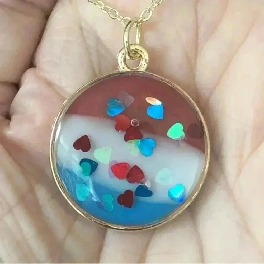 Handmade Resin Hearts and Stripes Independence Day 4th of July Gold Necklace